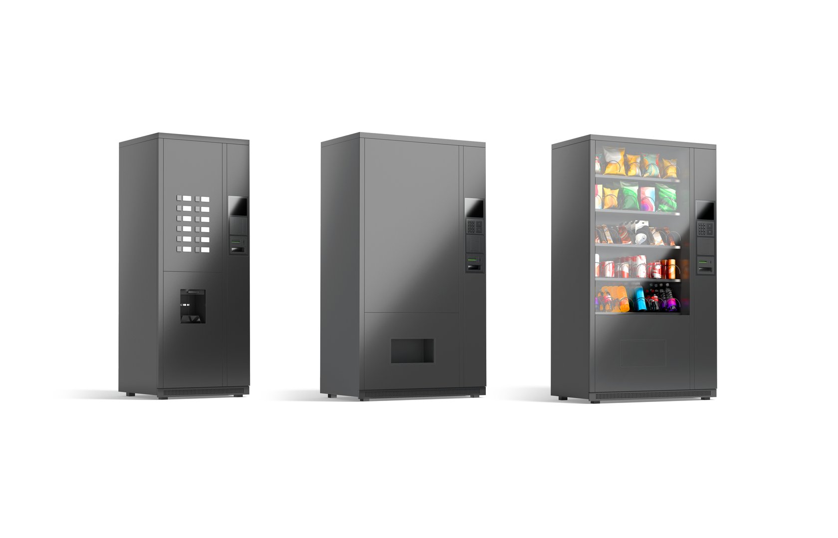 Blank black coffee vending machine mockup, different types, side view, 3d rendering. Empty electronic grocery slot-machine mock up, isolated. Clear automatic vendor for food selling template.