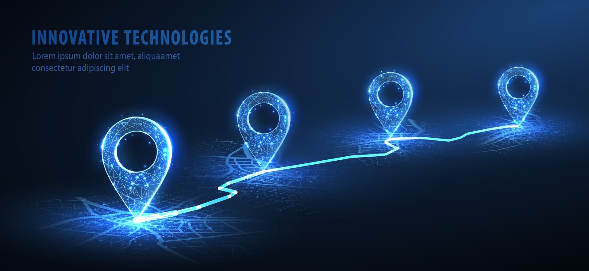 Four pins on the city map and line. Delivery, map location, transport logistics, tourism navigation, concept. Gps navigation, new location. Blue background