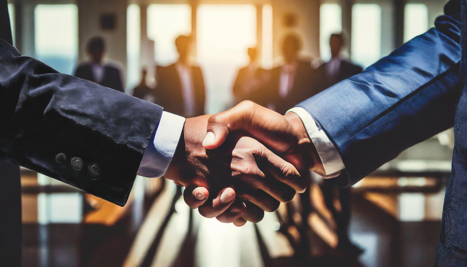 Two businessmen in suits shaking hands in a sunlit office, with blurred colleagues in the background.