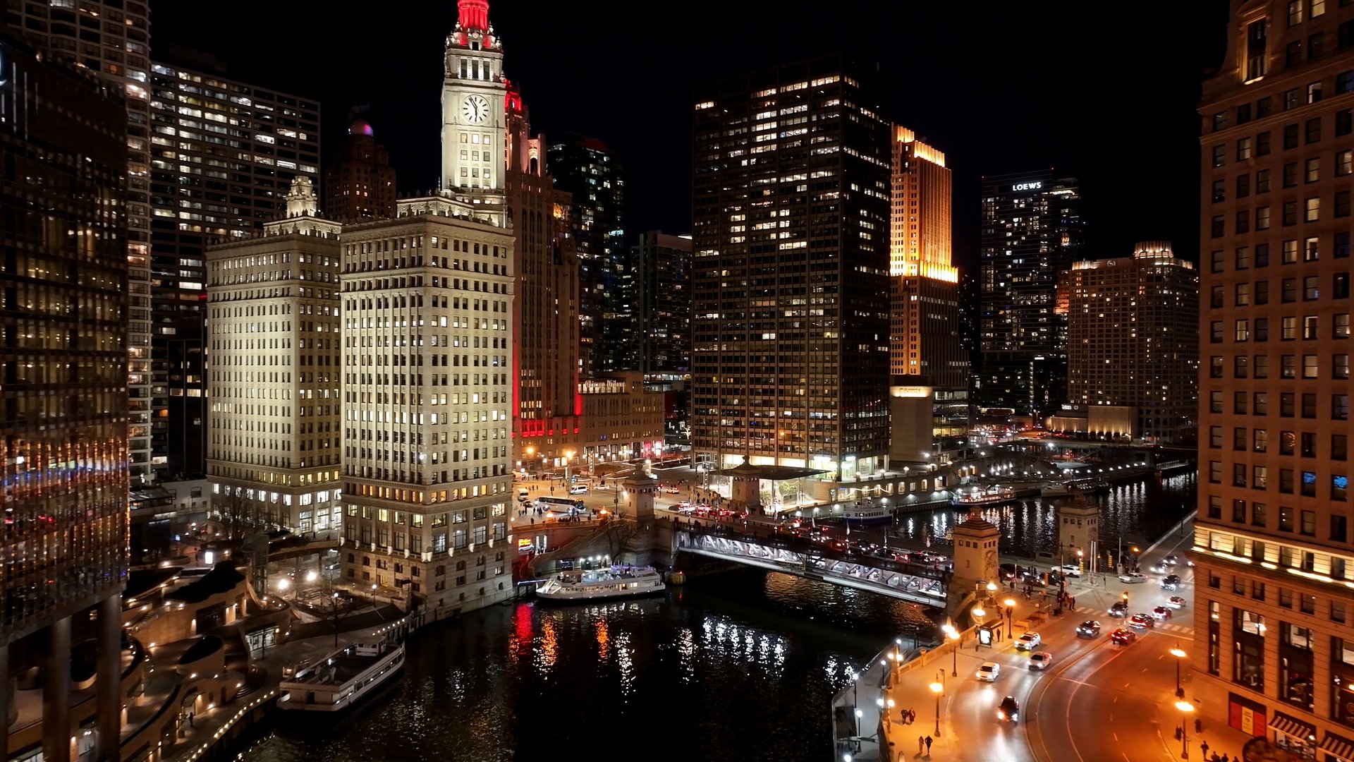 Night Chicago Skyline At Chicago In Illinois United States. Illuminated Downtown. City At Night Landscape. Chicago At Illinois United States. Chicago City District. City Skyline Scene.