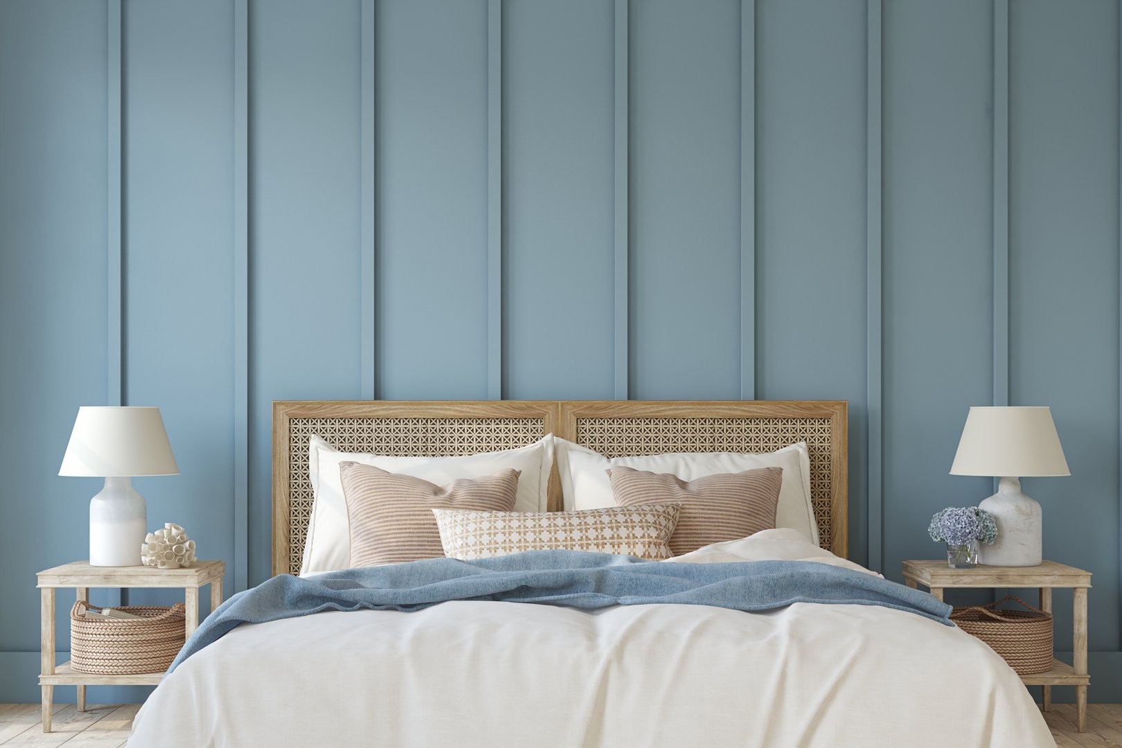 Frame mockup. Modern bedroom interior in a nautical style. Dark blue wall. 3d render.