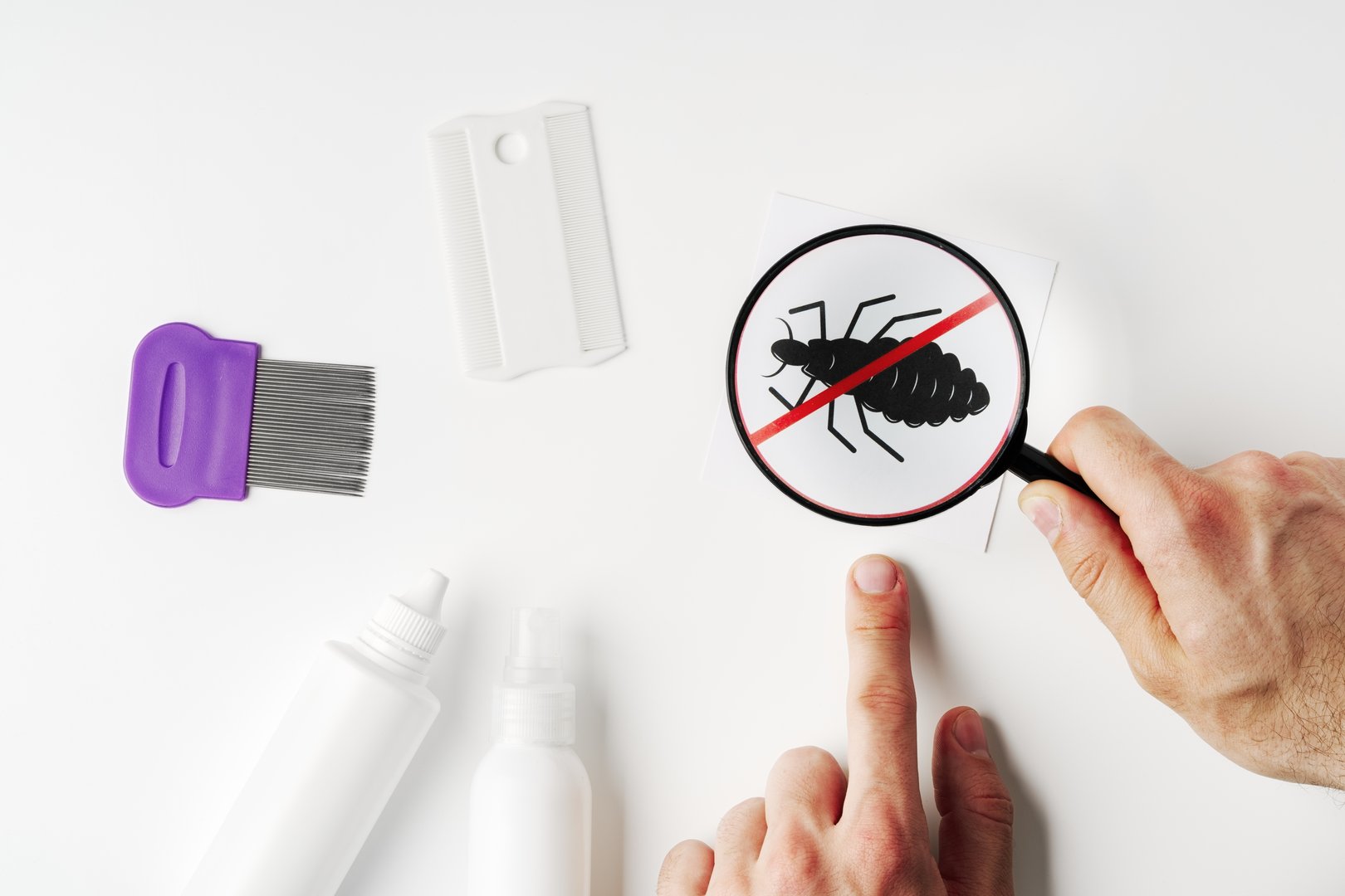 Tools for inspecting and treating lice infestations at home with a magnifying glass and a comb close up