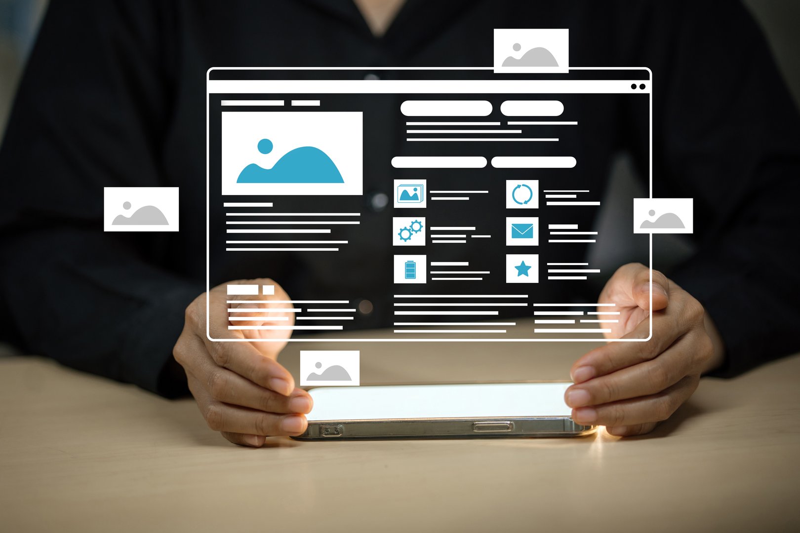 A person holds a smartphone displaying a futuristic website interface with icons and images floating above the device.