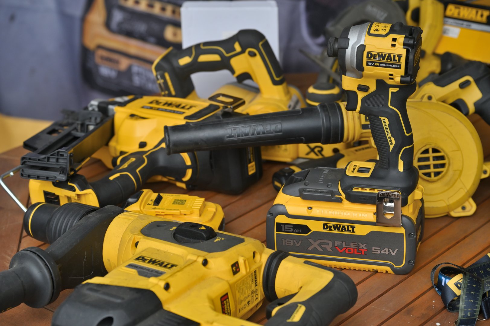 Vilnius, Lithuania - March 27, 2025: lots of professional DeWalt tools on a construction site in Vilnius.