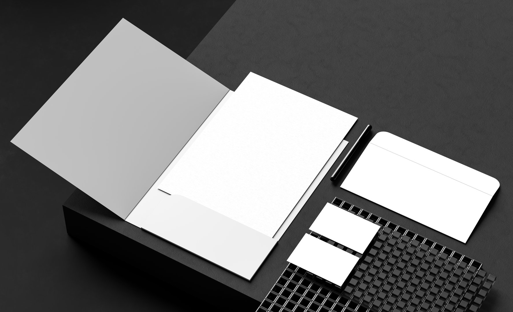 Corporate identity stationery mock up isolated on modern style dark background. Mock up for branding identity. 3D illustration