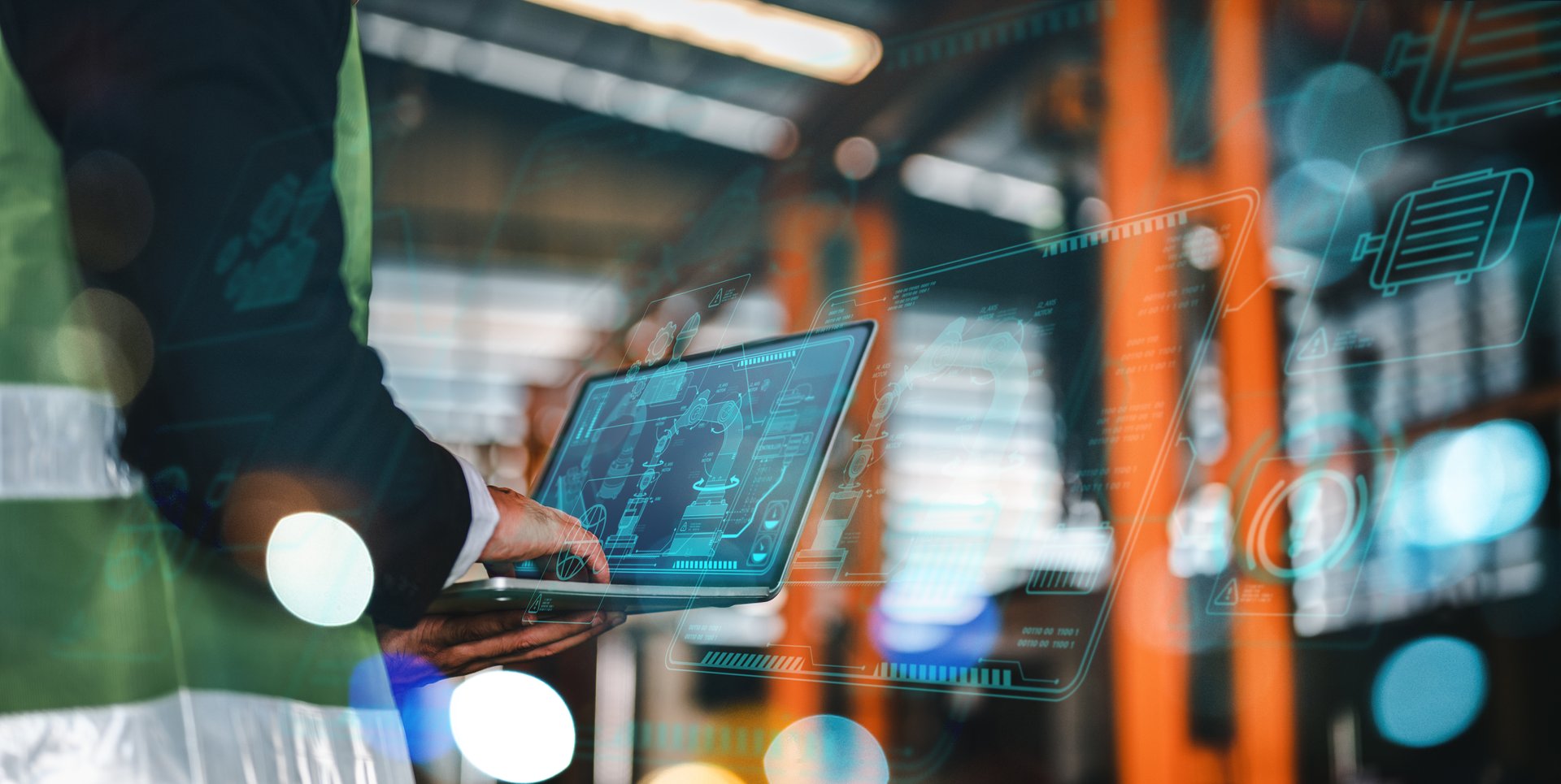 iot, technology, industrial, engineer, screen, control, innovation, manufacture, futuristic, networking. engineer hold a laptop for control innovation industrial system. iot technology manufacture.