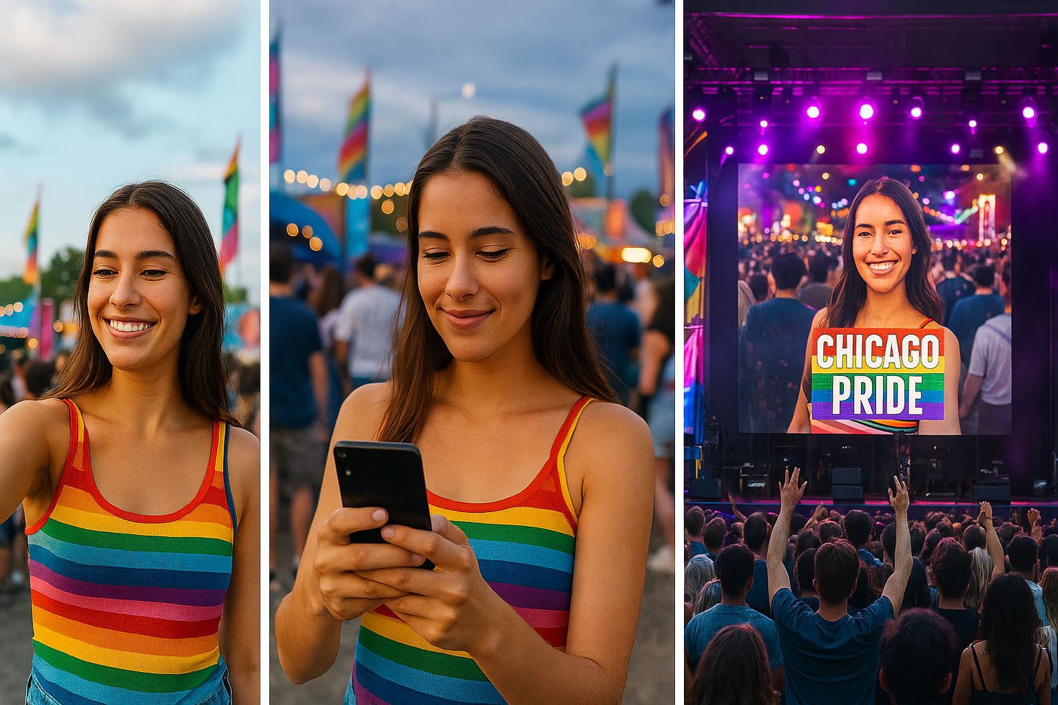Woman in a rainbow-striped shirt at Chicago Pride event, taking selfies and using her phone, with a stage and crowd in the background.