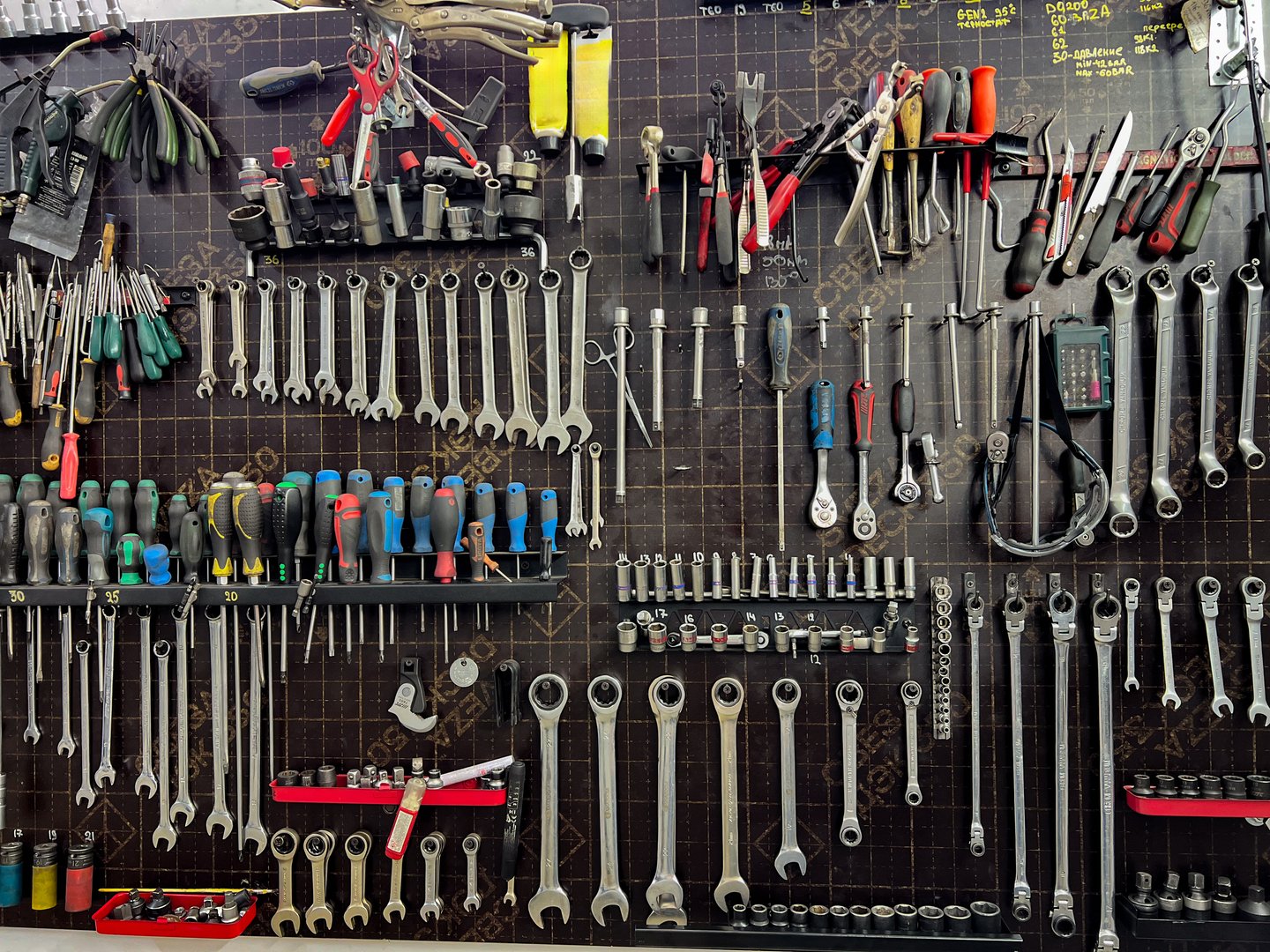 A wall of various mechanic tools organized neatly. Includes wrenches, screwdrivers, pliers, and other automotive equipment. Ideal for car repair and maintenance.