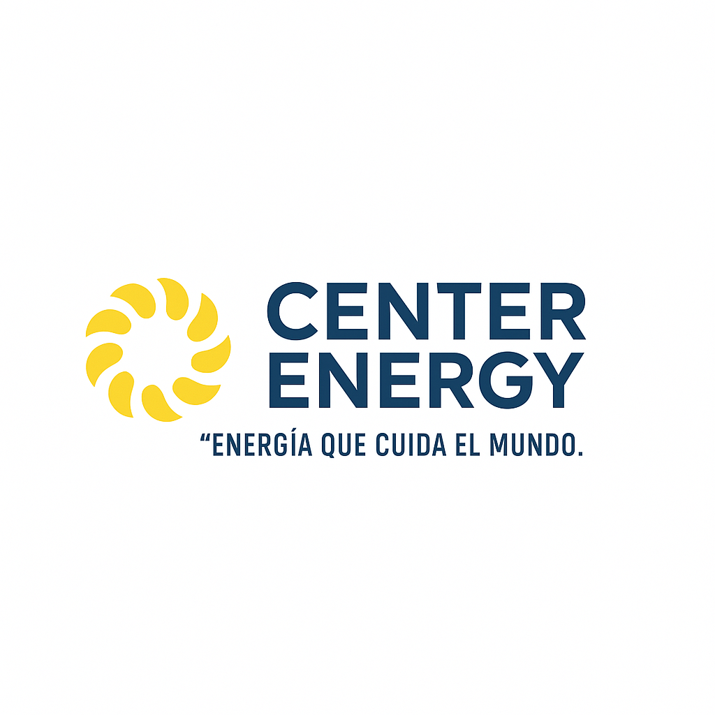 Logo with yellow sun design, text "CENTER ENERGY" and "Energía que cuida el mundo." on a white background.
