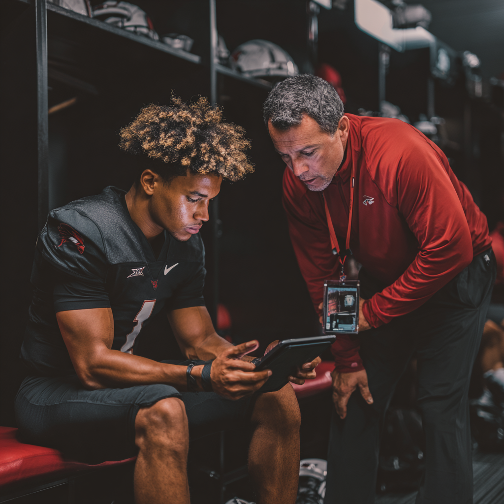 Black quarterback reviewing game film with coach