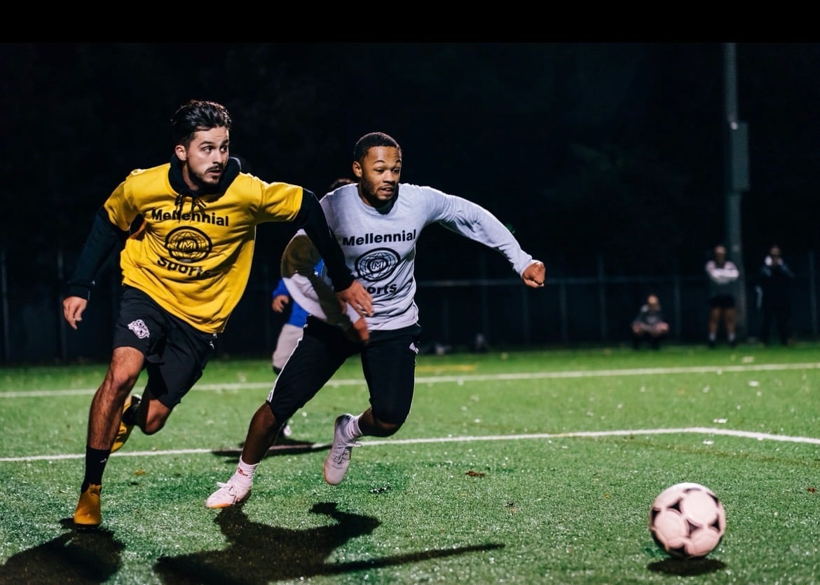 Soccer players celebrating and having fun on the field