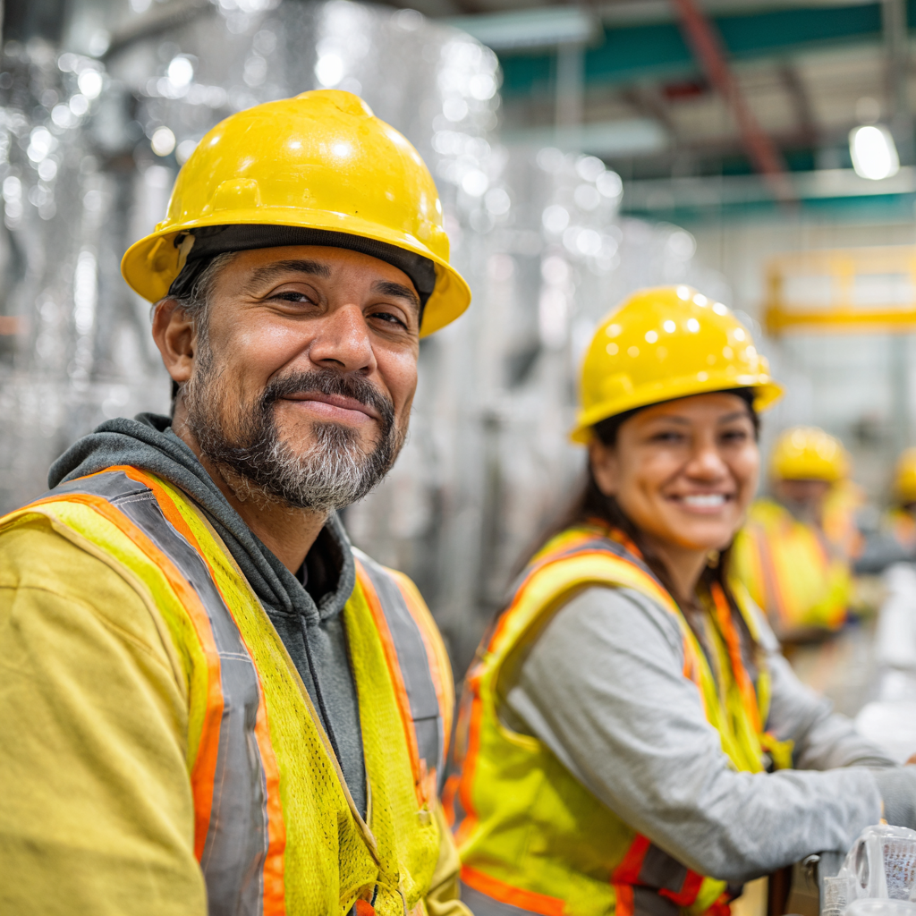 Happy industrial hispanic workers inside a clean facility