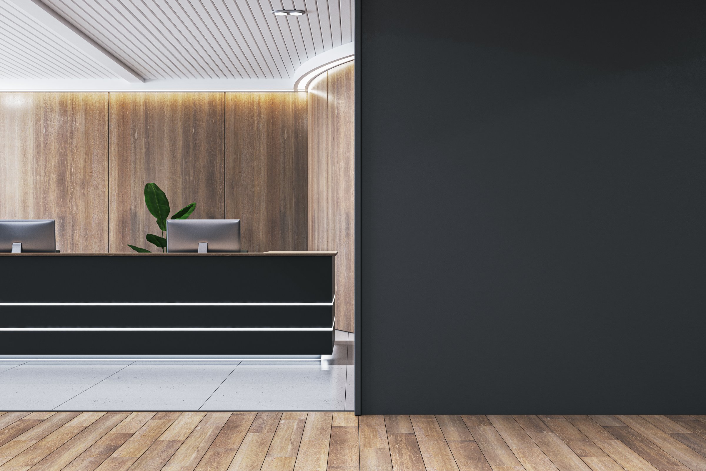 Modern reception interior with wooden flooring and and mock up place on black wall. 3D Rendering