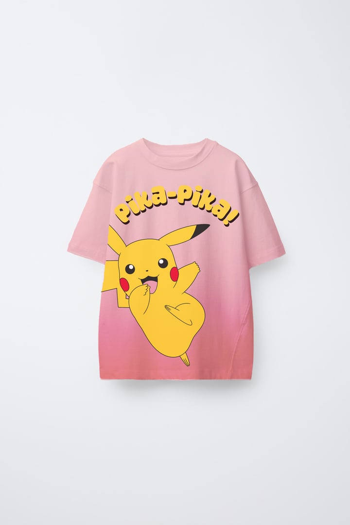 Pink gradient T-shirt with Pikachu graphic and "PIKA-PIKA!" text on the front.
