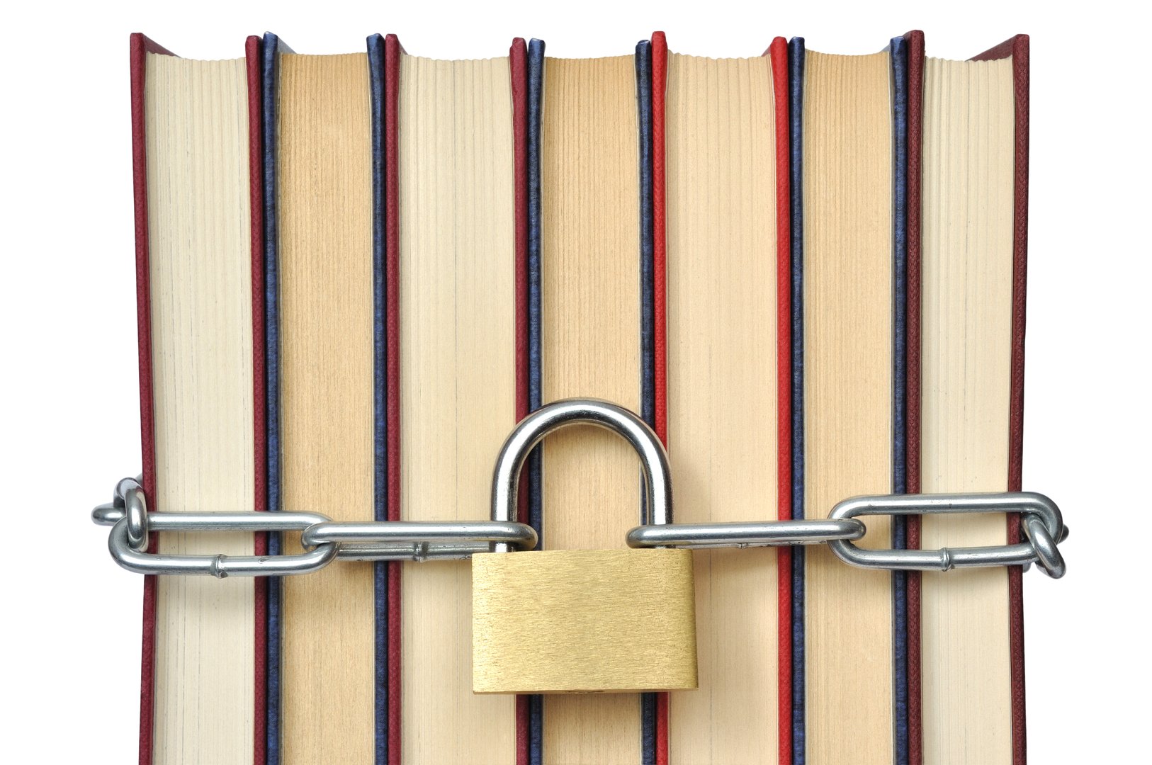 Stack of books bound with a chain and secured with a padlock, symbolizing restricted or forbidden access to information.