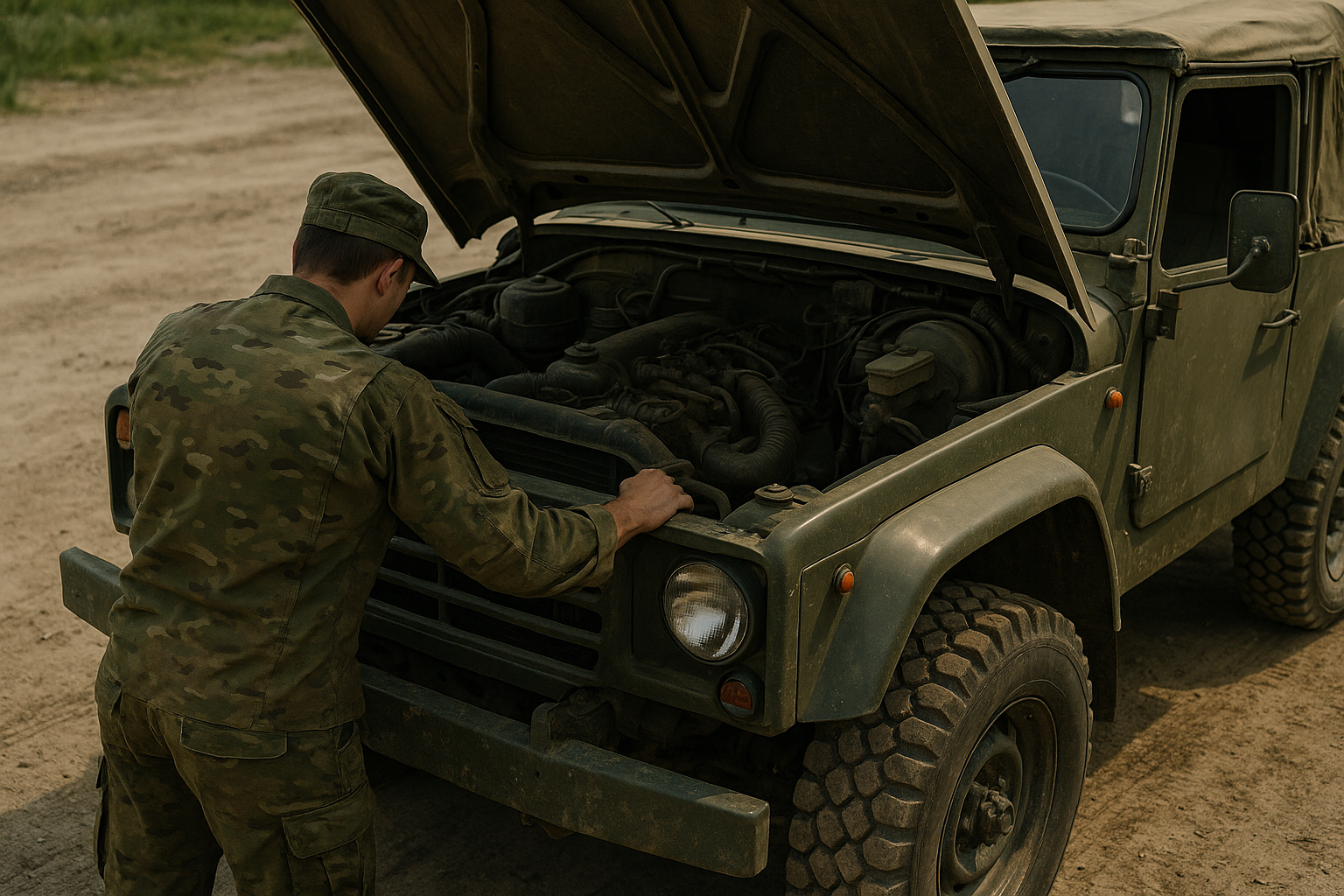 Soldier in camouflage inspects the engine of a military vehicle with the hood open on a dirt road.