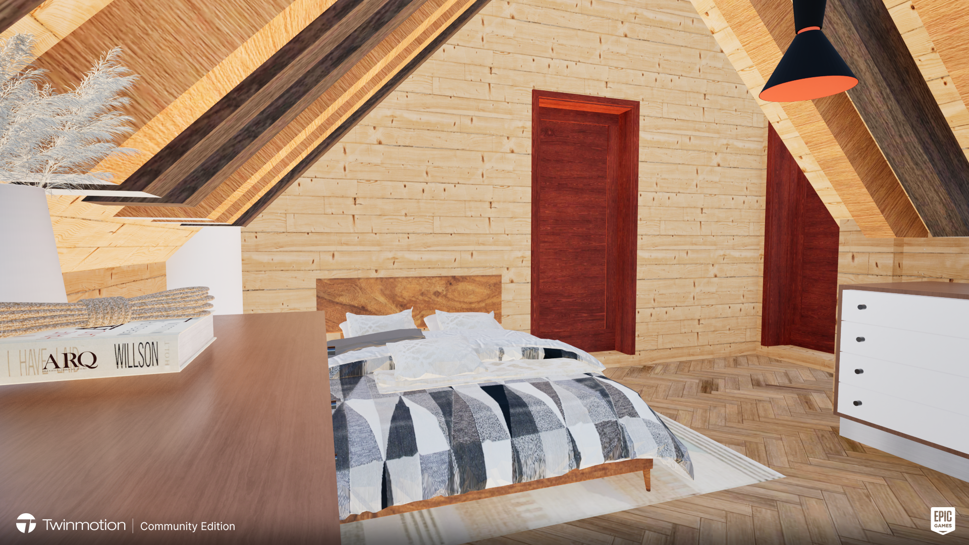 Cozy attic bedroom with wooden walls, herringbone floor, geometric bedspread, and stacked books on a bedside table.