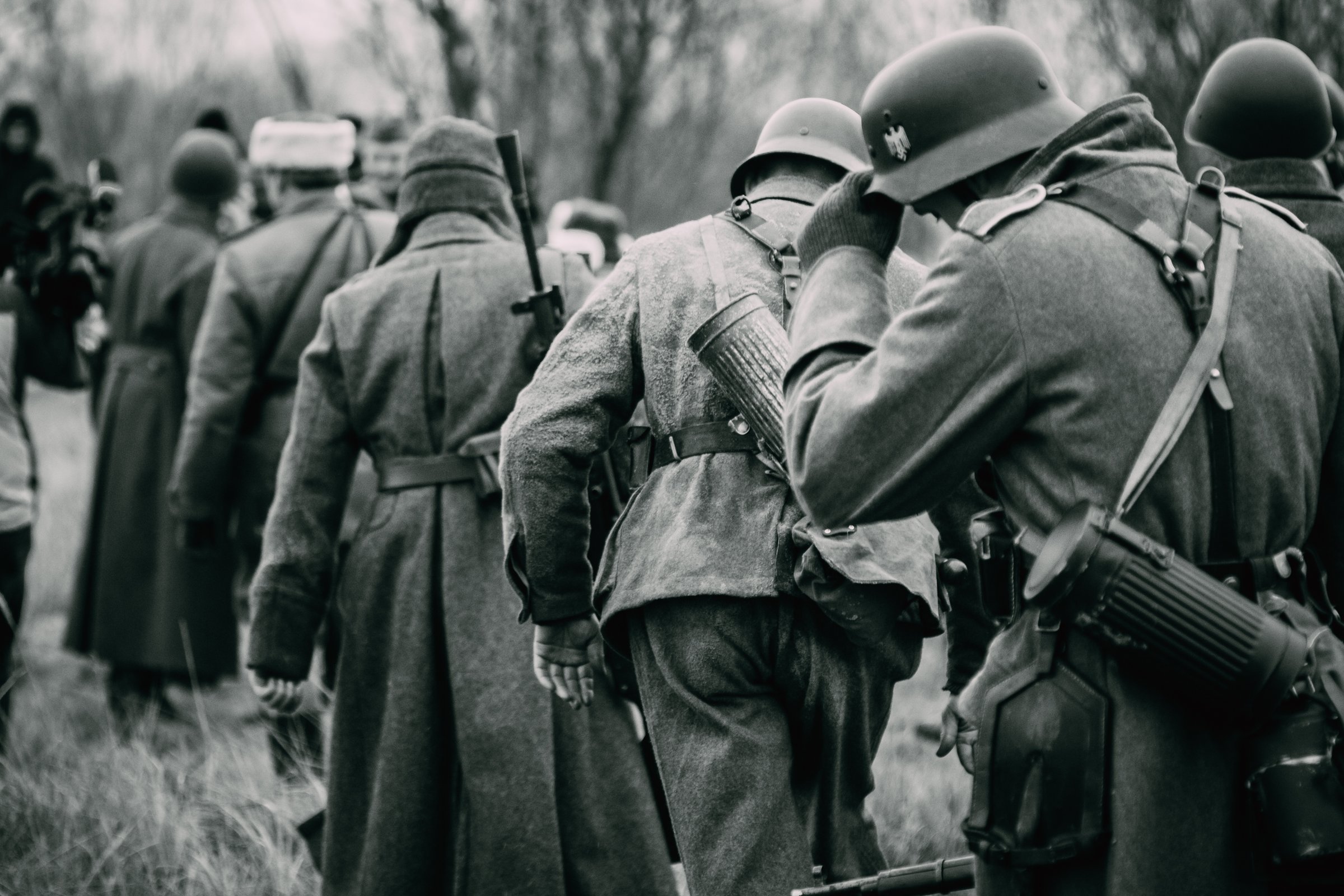 Gomel, Belarus - November 26, 2017: German soldiers in captivity go in line for Soviet soldiers