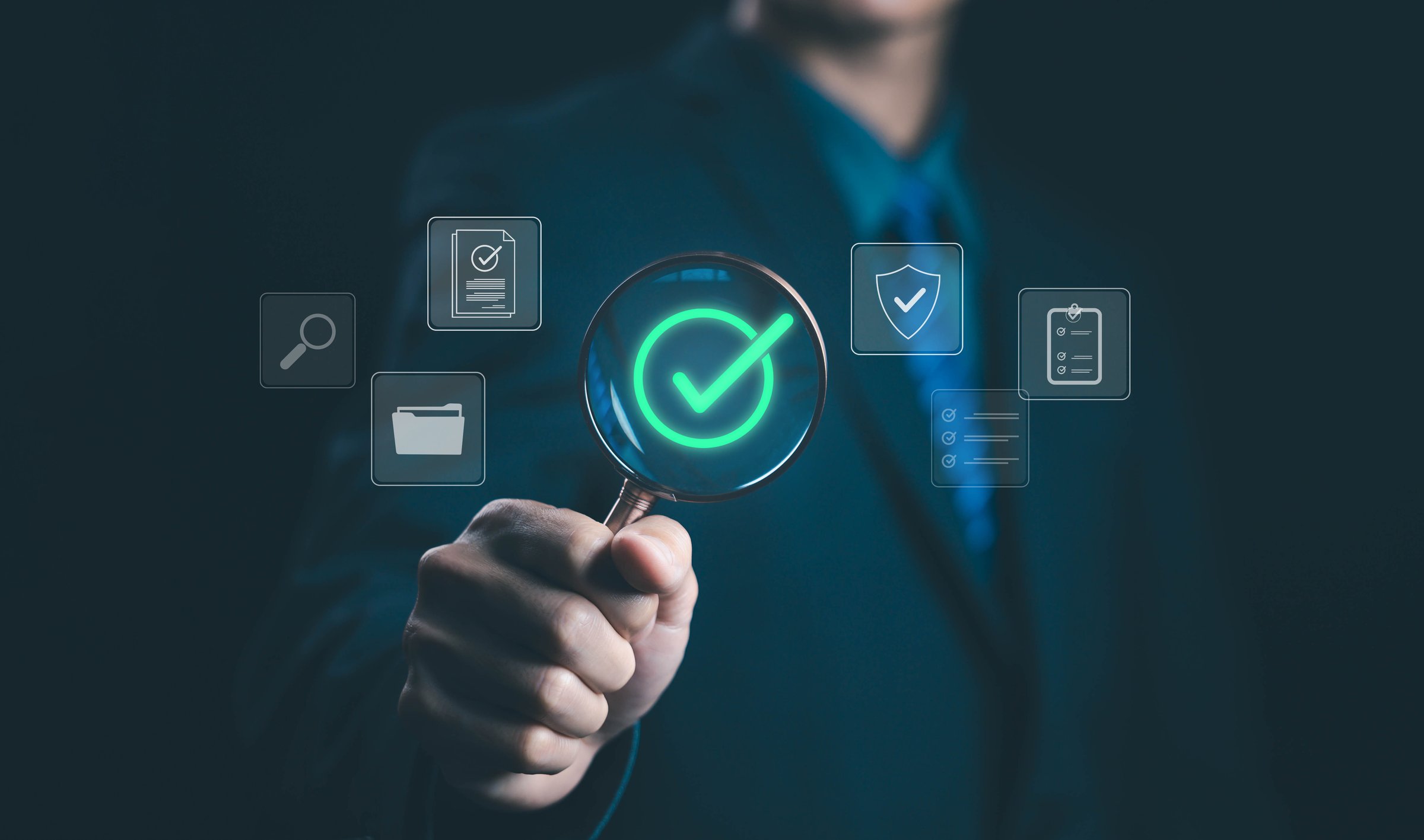 Document verification and approval concept with a businessman holding a magnifying glass, showing a checklist, security, and compliance icons for trusted digital authentication and business process.