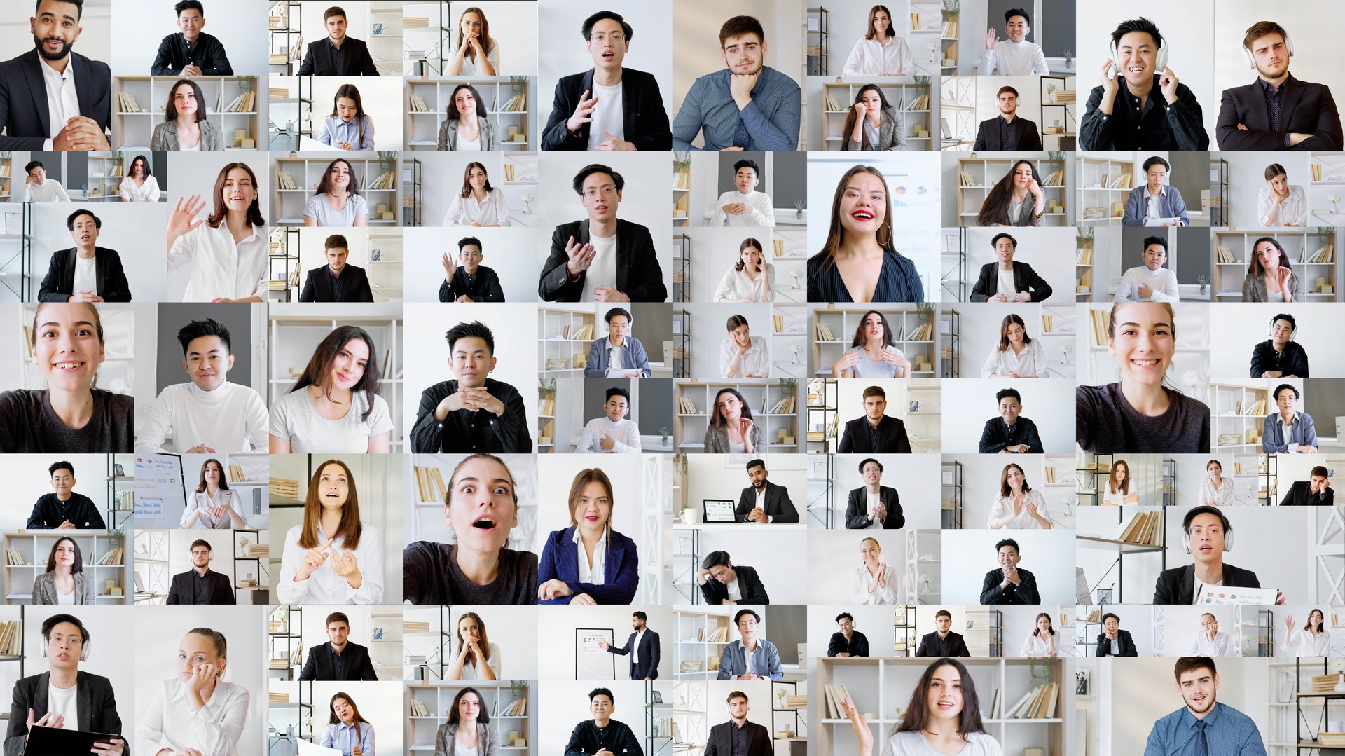 Team collage. Corporate video chat. International Internet communication. Headshot mosaic set of multicultural business colleagues cooperating online in digital office.