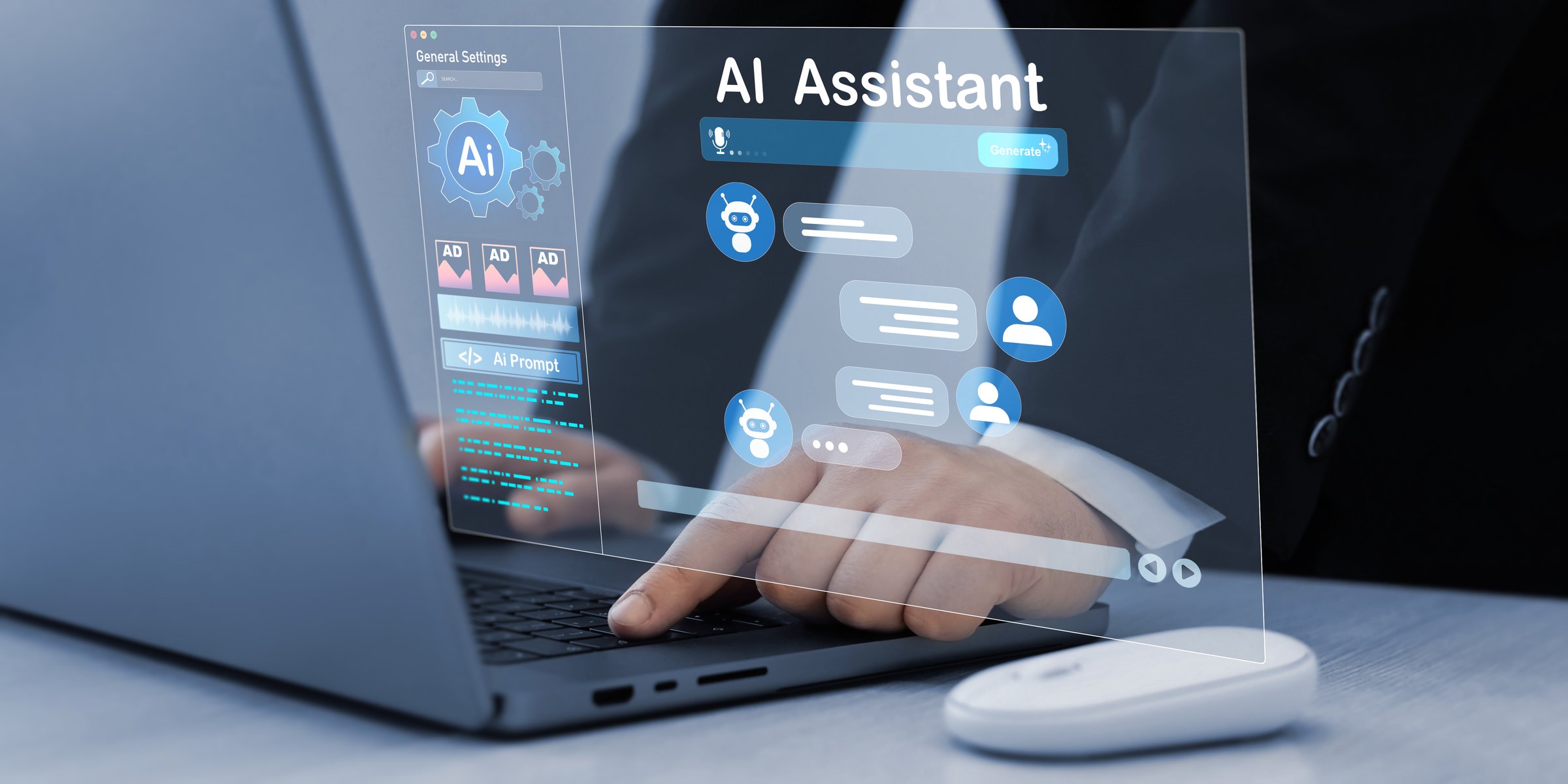 Person using laptop with Ai Content Generator. Interaction with the Ai assistant to solve some tasks more easily. Image generator, documents, marketing and advertising, bot writing and coding