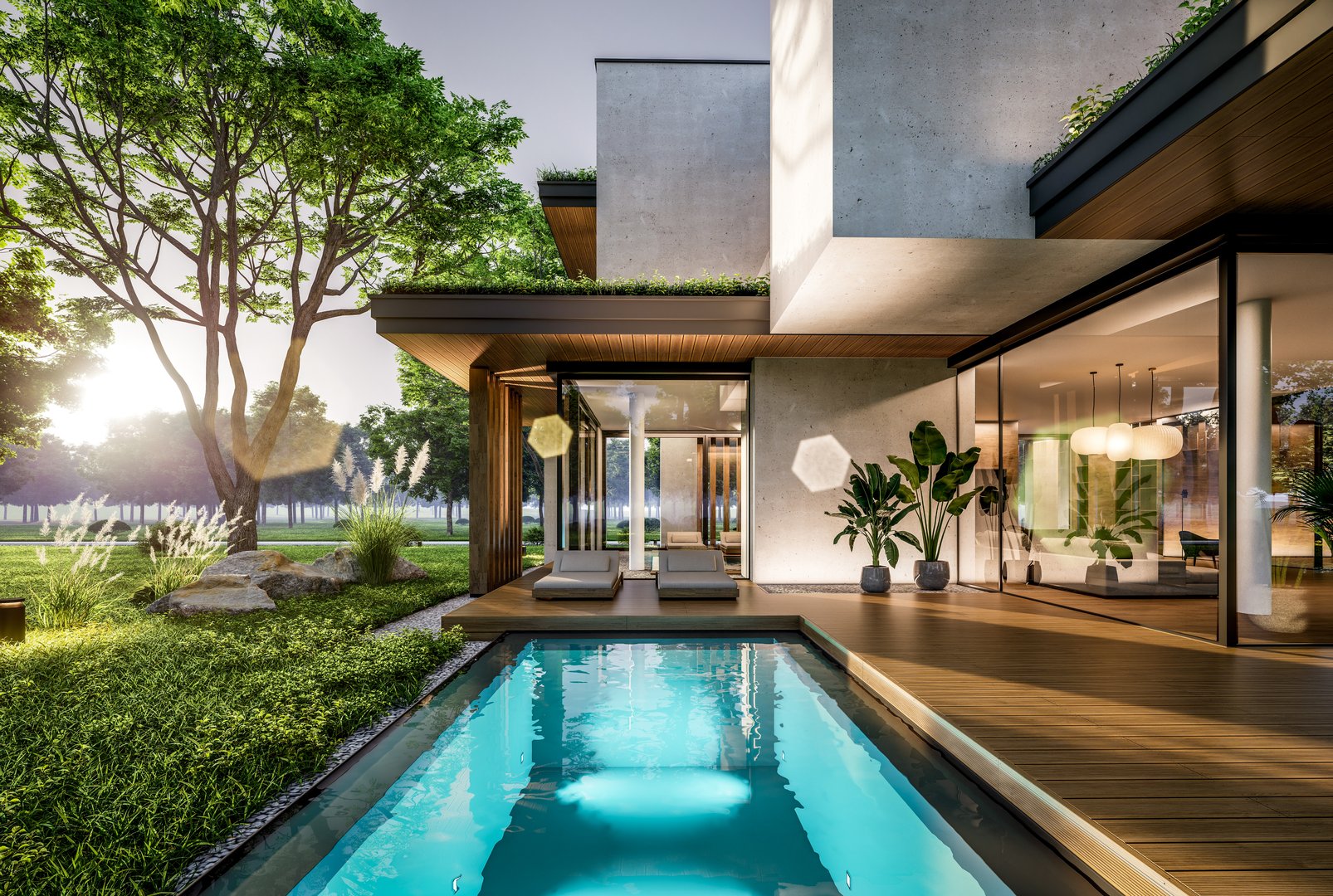 3d rendering of two-story house with parking and pool for sale or rent