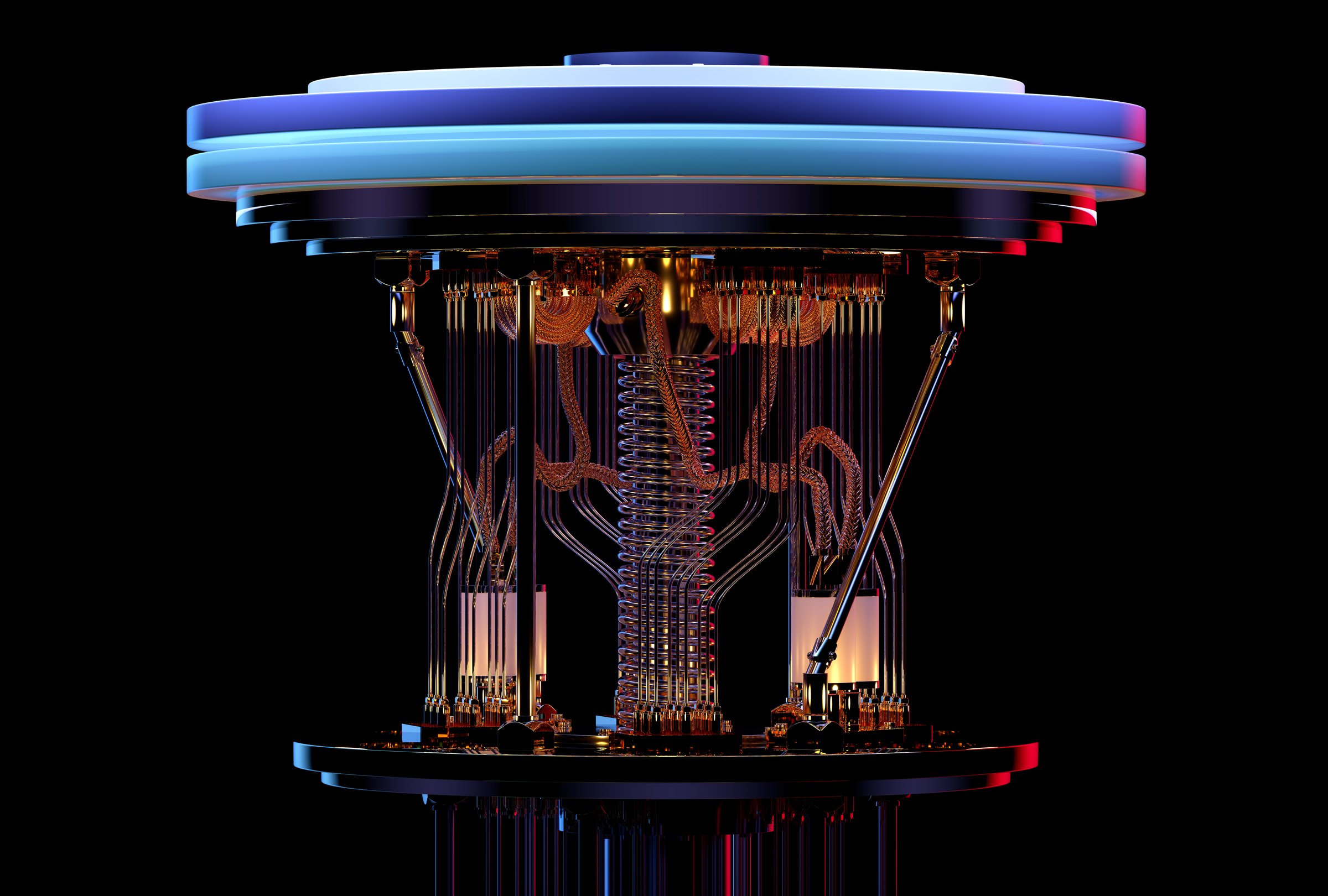 Quantum computing processor with superconducting architecture and cooling system. Advanced futuristic technology concept for artificial intelligence AI, data science innovation, and next-generation physics research. 3D CGI rendering of futuristic cryogenic quantum hardware