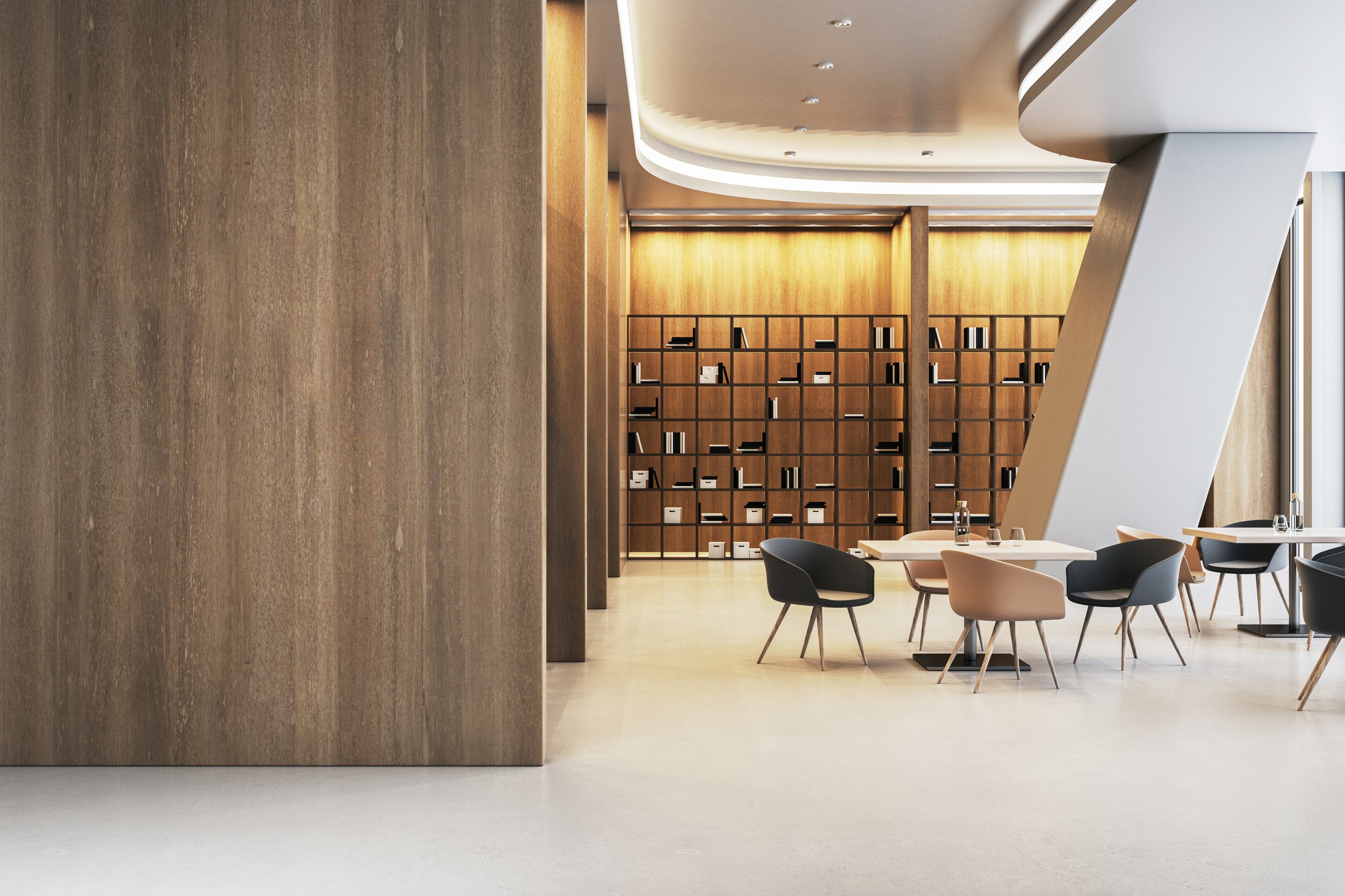 Stylish interior of a modern library cafe with bookshelves, wooden walls, and seating area, featuring warm lighting and elegant design. 3D Rendering.