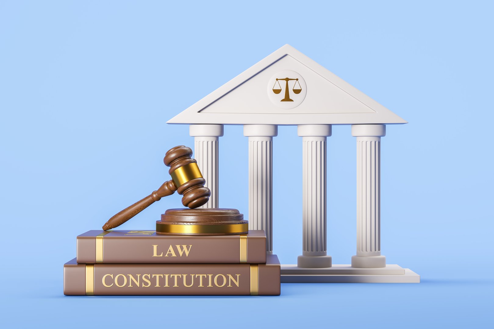 Wooden gavel on podium, law and constitution books, courthouse on blue background. Concept of justice, court and legal services. 3D rendering illustration