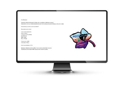 Computer monitor displaying a document with text and a stylized logo of a flower and bird on the right.