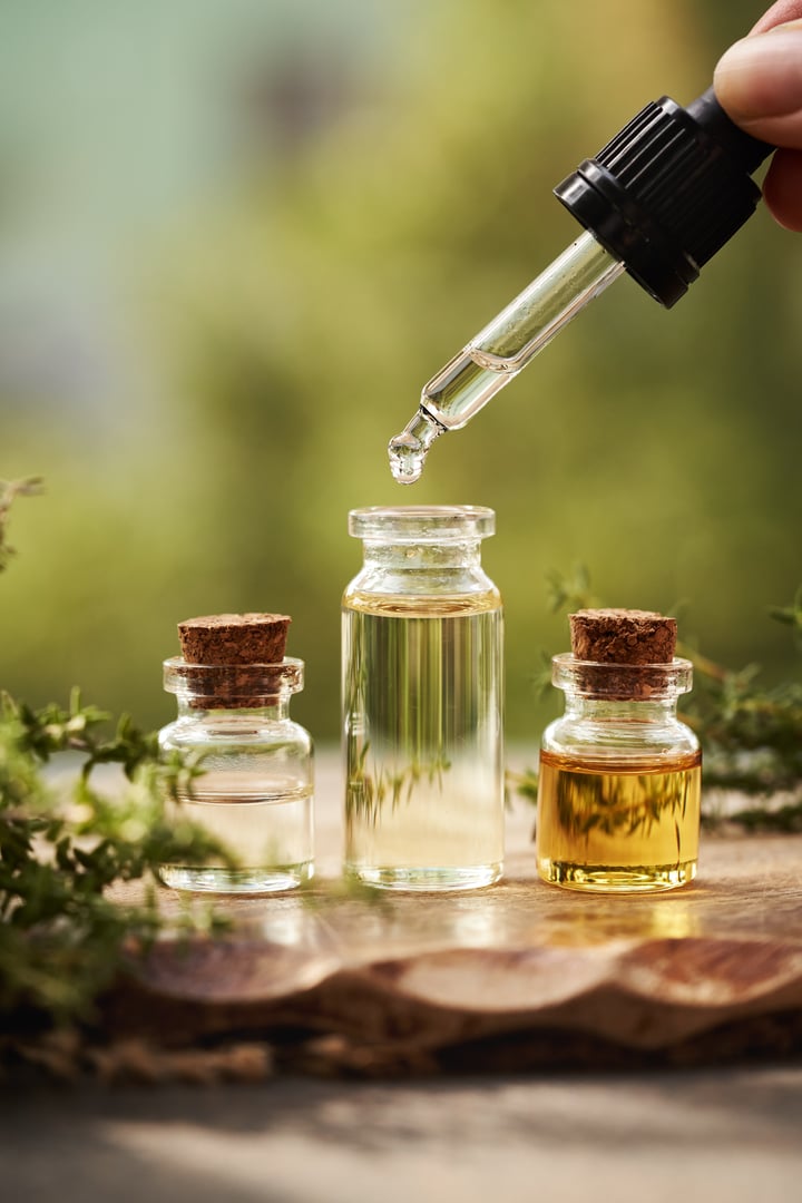 Drop of aromatherapy essential oil falling from a pipette held by a person into a bottle outdoors in nature