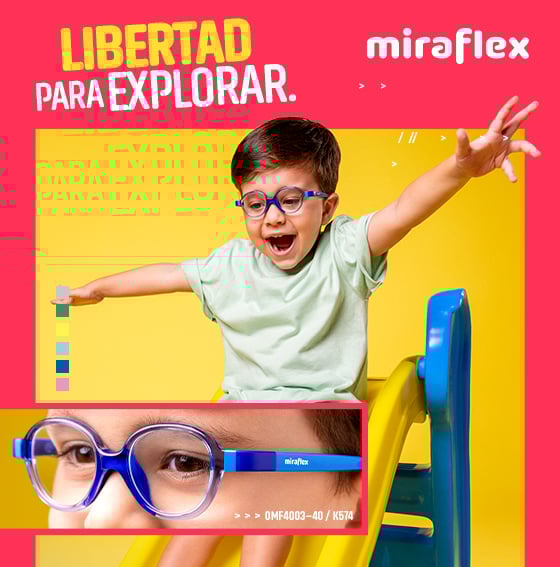 Child on a slide wearing blue glasses, with "Libertad para explorar" text and Miraflex branding. Close-up of glasses shown.