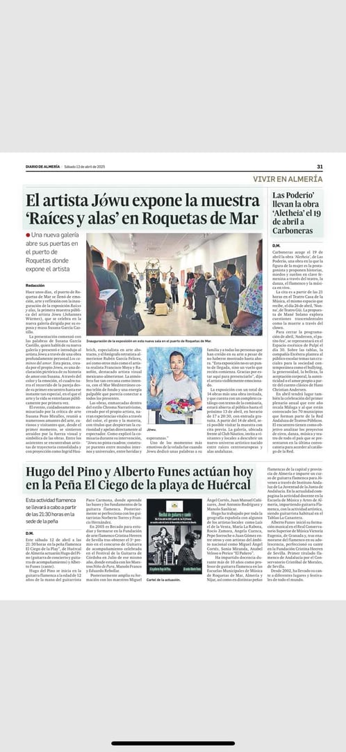 A newspaper page featuring an art exhibition and performances, with text and photos of artworks and artists.