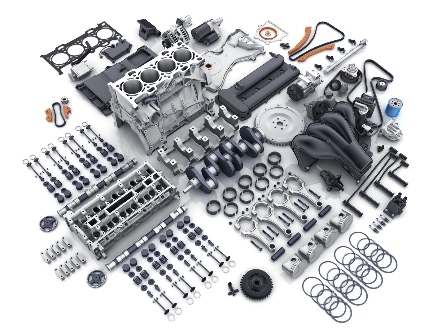 Car engine disassembled. Many parts on white background. 3d illustration