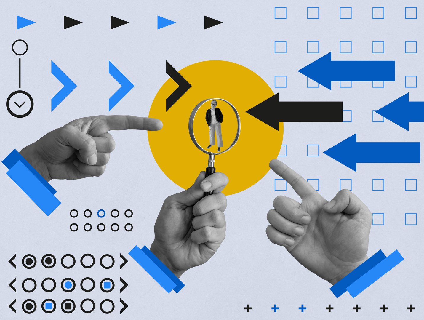 Collage about customer focus. The hand holds a magnifying glass and a client.