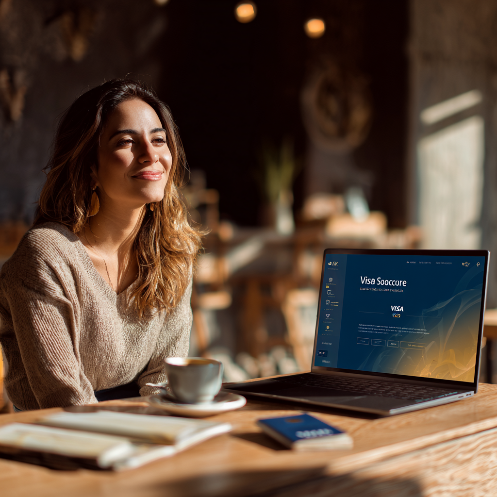 Joven mexicana aliviada frente a su laptop revisando su resultado VisaScore