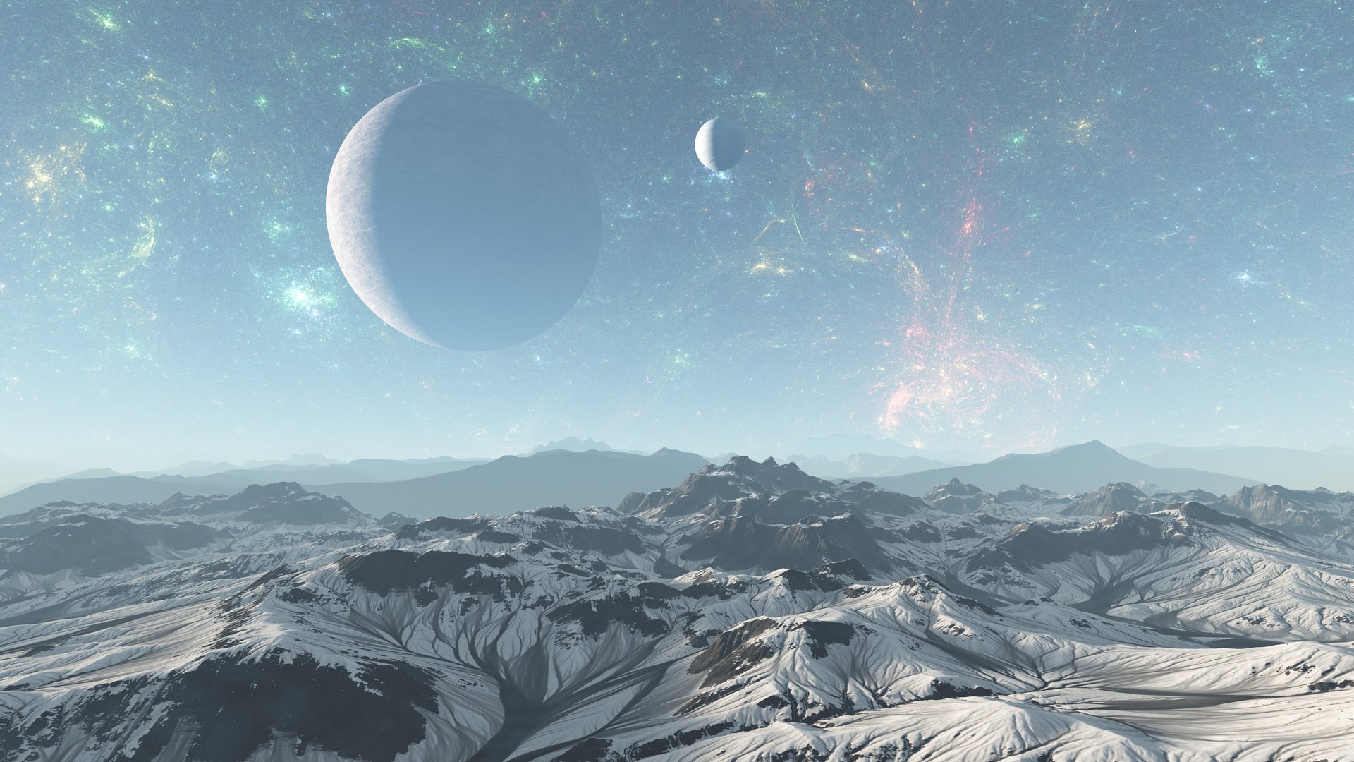 3D Illustration of  alien planet in space with nebula and stars. Planet in space, Surface of alien planet in space,Planet with galaxies and stars in open space.Alien planet cold mountain. 3d illustration, 3d Render