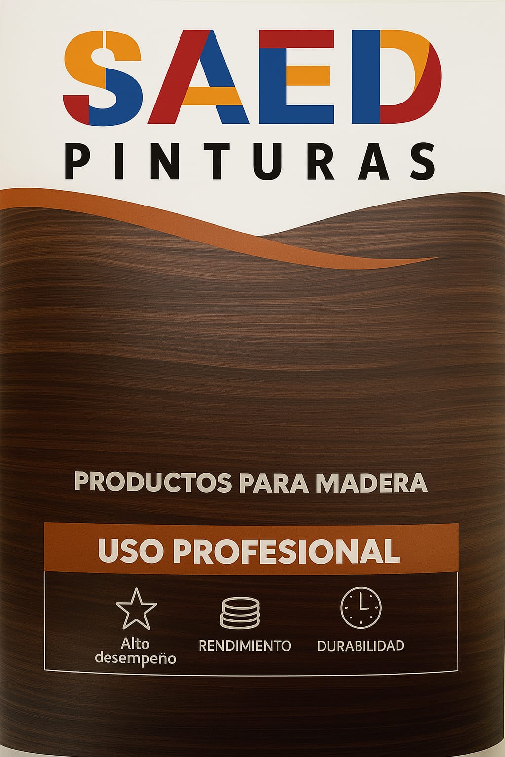 Label for SAED Pinturas featuring text about wood products, professional use, and icons for performance, yield, and durability.