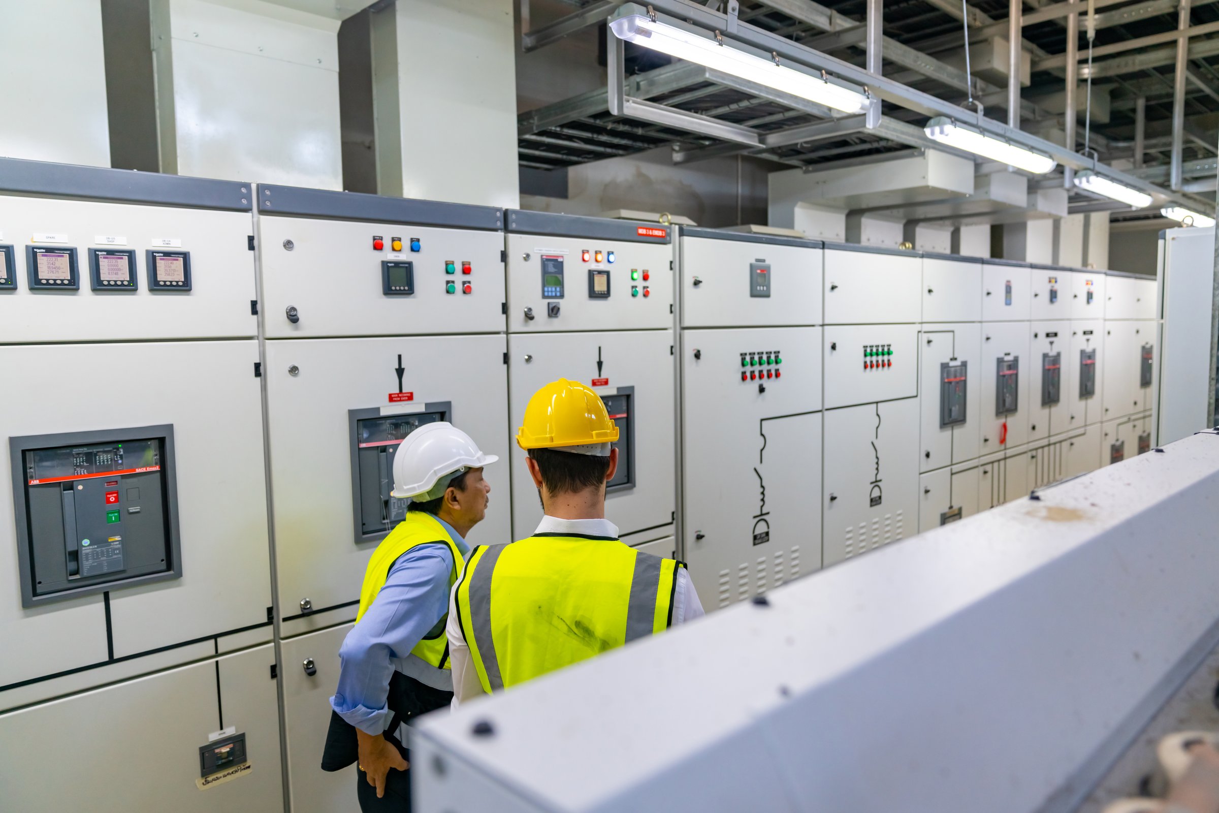Two Professional electrical engineer in safety uniform working at factory server electric control panel room. Industrial technician worker maintenance checking power system at manufacturing plant room.