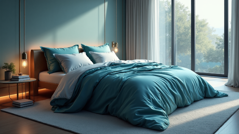 Stylish bedroom interior with closet and wooden panel, 3D Rendering