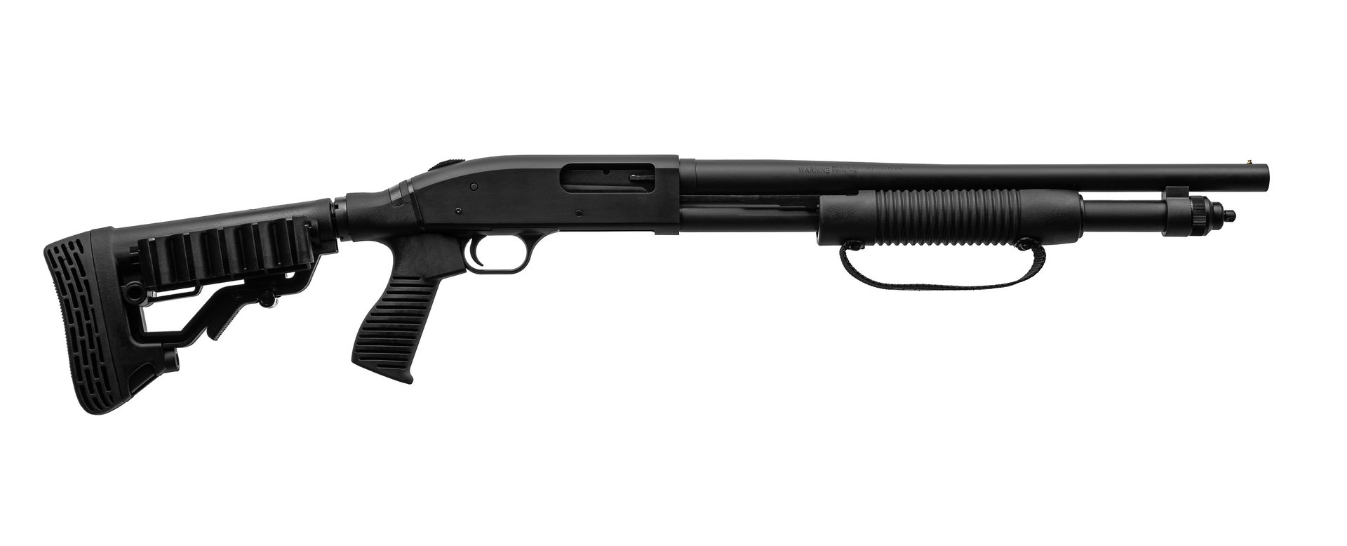 Pump-action 12 gauge shotgun isolated on a white background