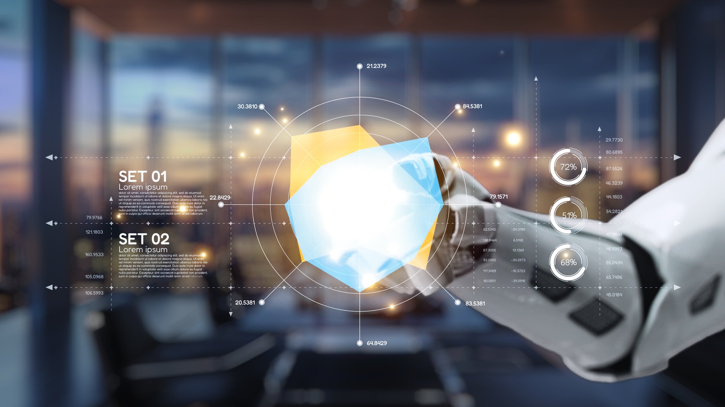 A robotic hand reaches out to interact with a 3D shield, set against a high-tech office backdrop. The scene illustrates advanced technology and digital security concepts. Auvana