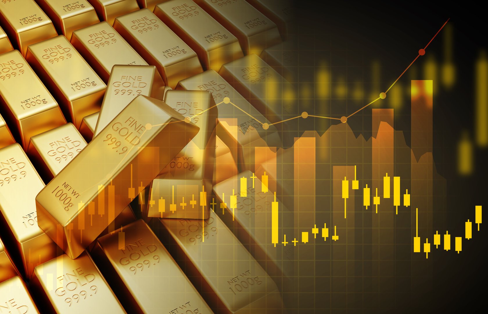 Gold trading, gold bars with stock graph chart stock. Business and finance concept. 3d-rendering