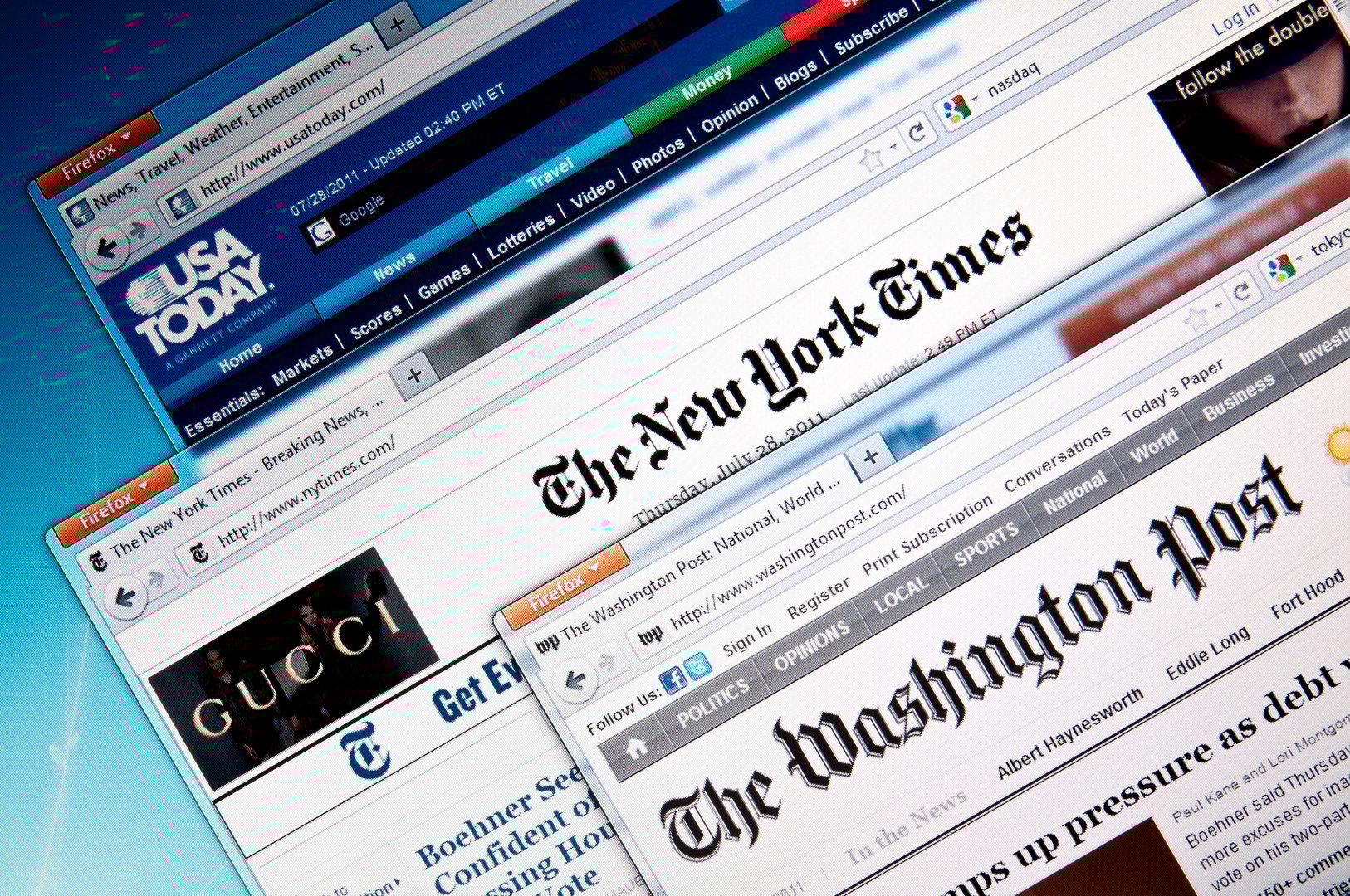 Budapest, Hungary - July 28, 2011: Selection of the major American online newspaper web sites. USA today, The New York Times and The Washington Post are the most visited online news sites in USA.