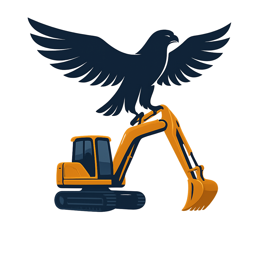 Silhouette of an eagle with outstretched wings perched on a glowing excavator against a dark background.