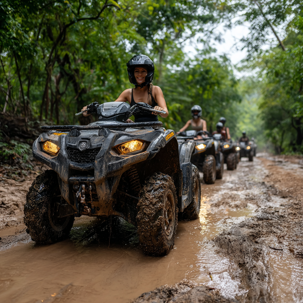 Group of Can-Am Outlander ATVs on a jungle trail adventure tour