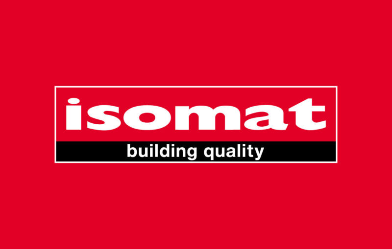 The Isomat logo with white text on a red background, featuring the slogan building quality below.