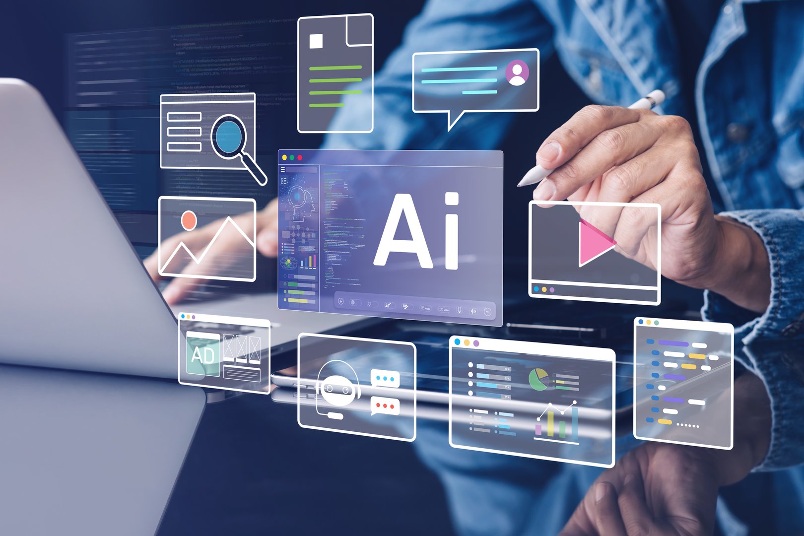 Unlock your full work potential through the power of AI tools.Man using intelligence technology automation with results in creativity.business performance