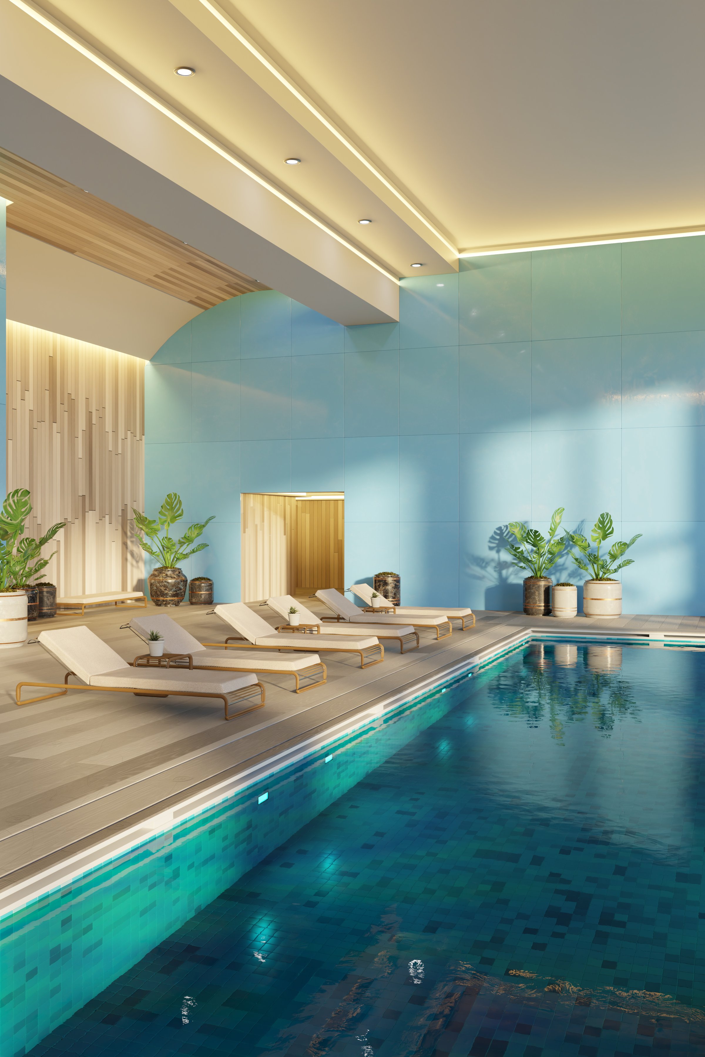 Lounge chairs are arranged by a clear blue swimming pool in a stylish indoor space, illuminated by natural light through large windows, creating a relaxing atmosphere. 3d render