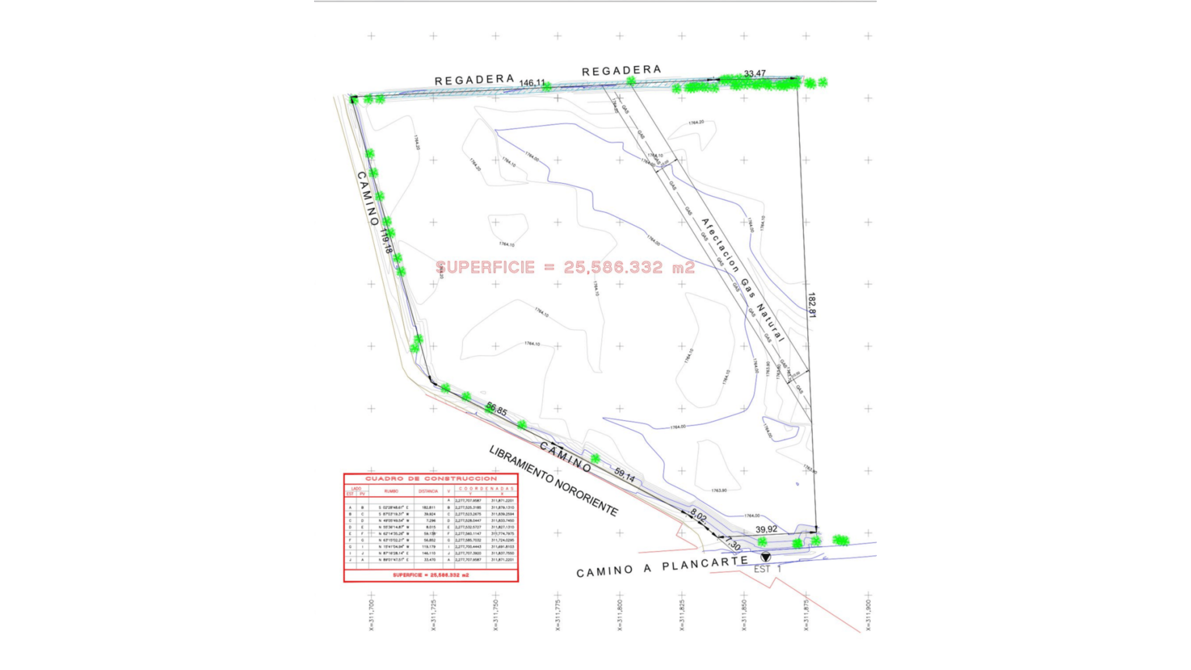 Land survey map showing boundaries, roads, and a total area of 25,568.332 square meters. Includes a coordinate table.